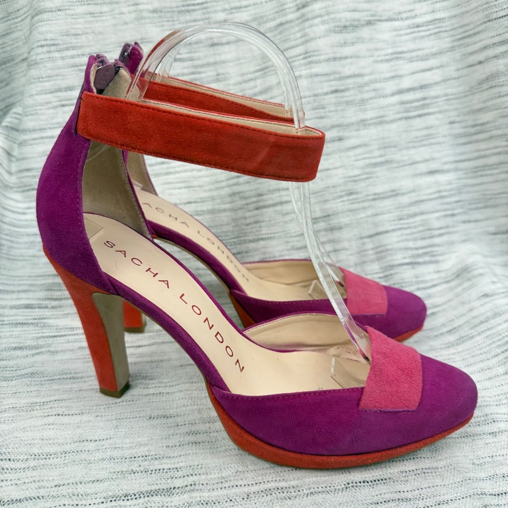 Sacha‎ London Suede Purple Pink Red Color Block Heels Retro Ankle Strap Size 7
